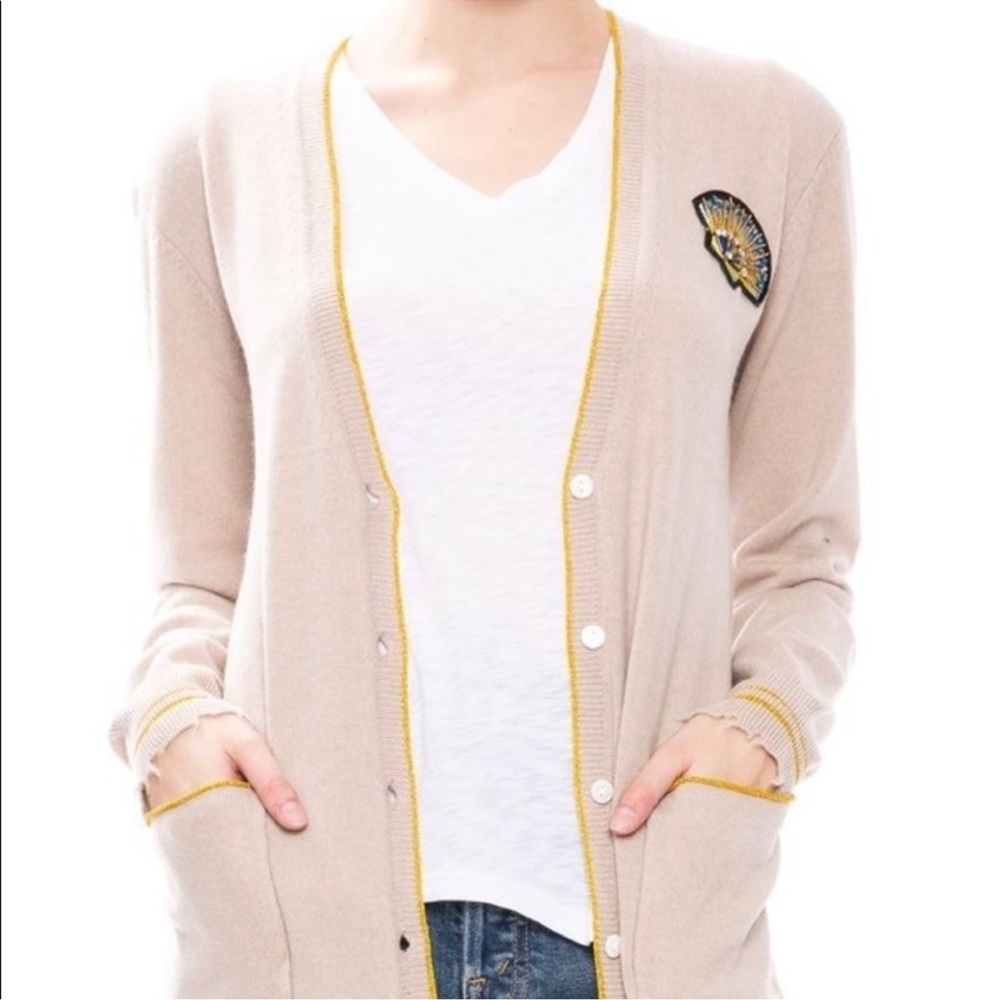 Le Superbe Oatmeal Beach to Bar Cashmere Cardigan, bejewelled shell, pockets, M
